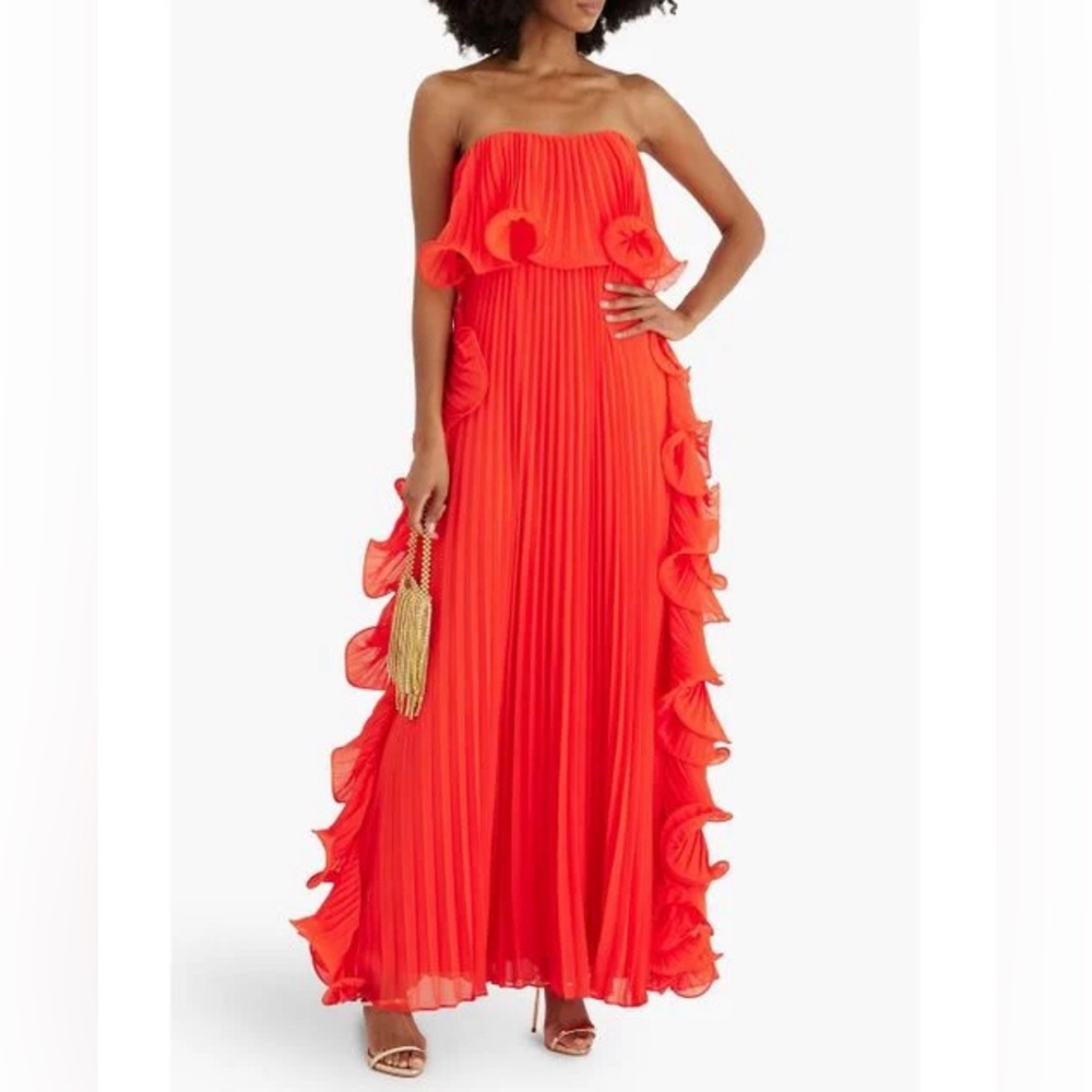 Badgley Mischka
Women's Red Strapless Ruffled Plissé-chiffon Gown